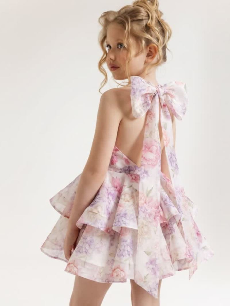 Chemical Fiber Blend Bow Short Sleeve Midi Dresses - Pastel Ruffle Gown - 12Y - image 1