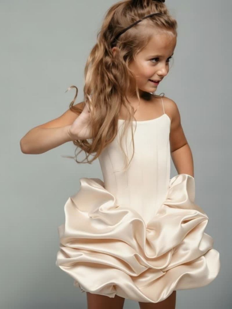 Satin Ruched Sleeveless Short Dresses - Champagne Apricot - 9-10Y - image 1