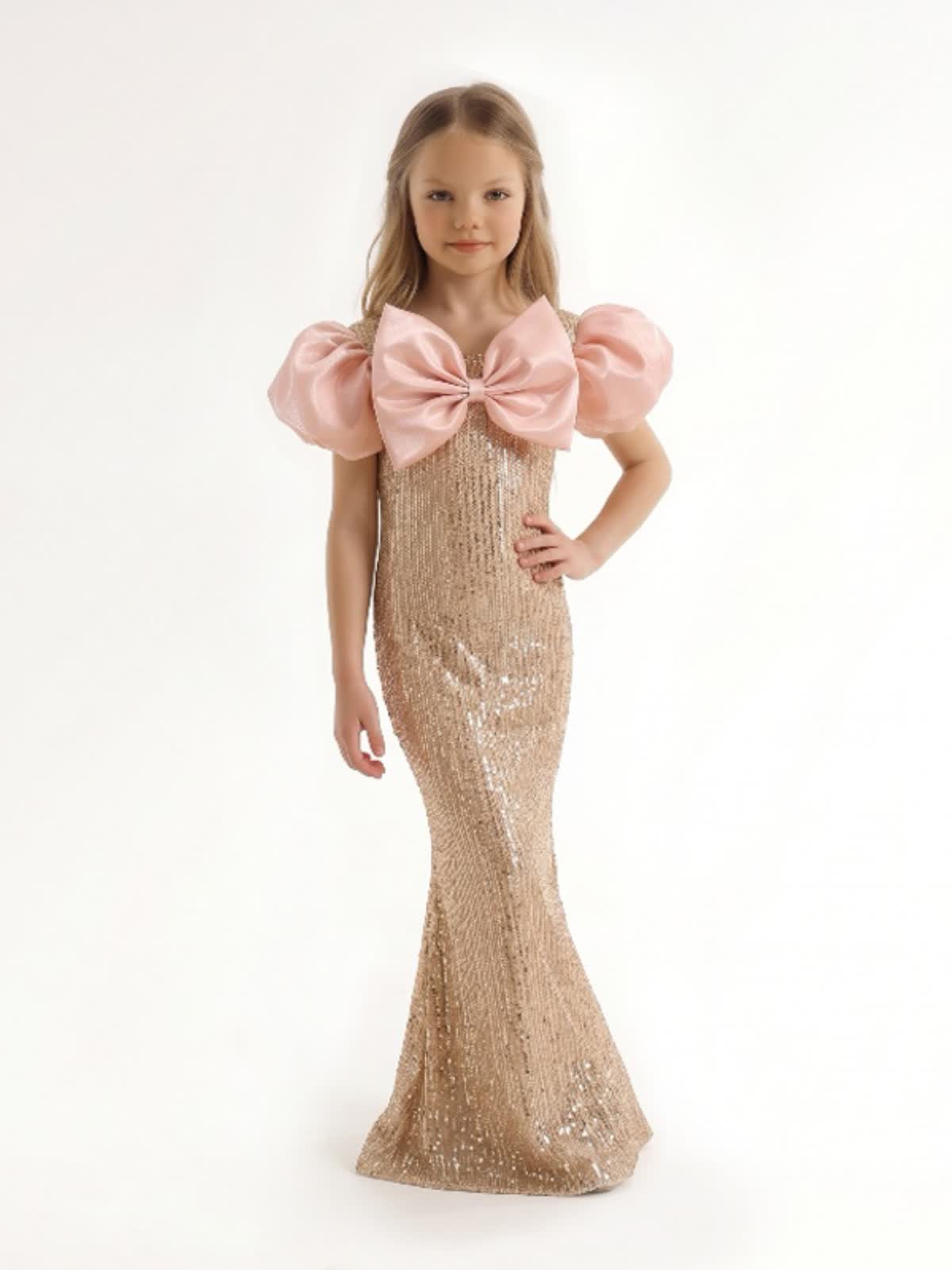 Glitter Bow Short Sleeve Maxi Dresses - Metallic - 160cm - image 1