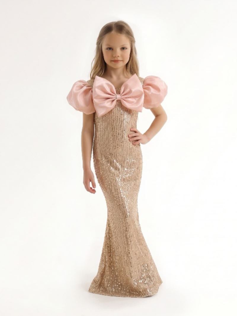 Glitter Bow Short Sleeve Maxi Dresses - Metallic - 160cm - image 1