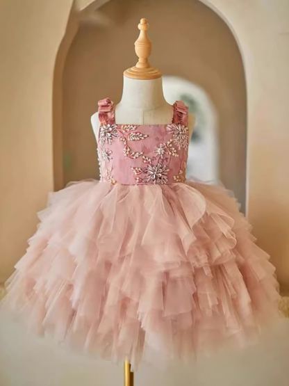 Mesh Beading  Bow Sleeveless Short Dresses - Pink - 150cm - image 1