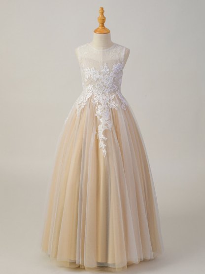 Mesh Lace Sleeveless Maxi Dresses - Champagne - 14-15Y - image 1