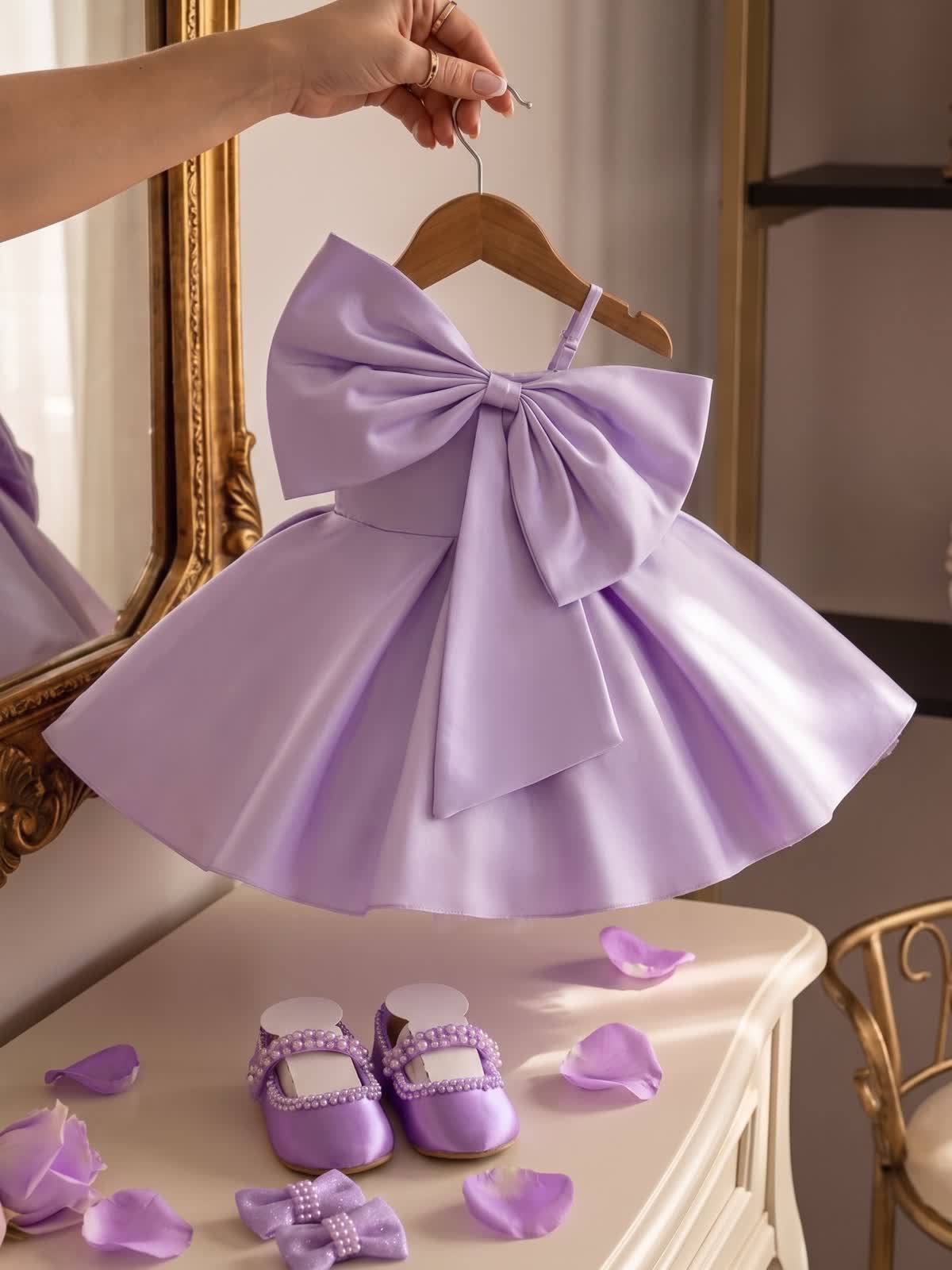 Satin Bow Sleeveless Midi Dresses - Light Purple - 2-3Y - image 1