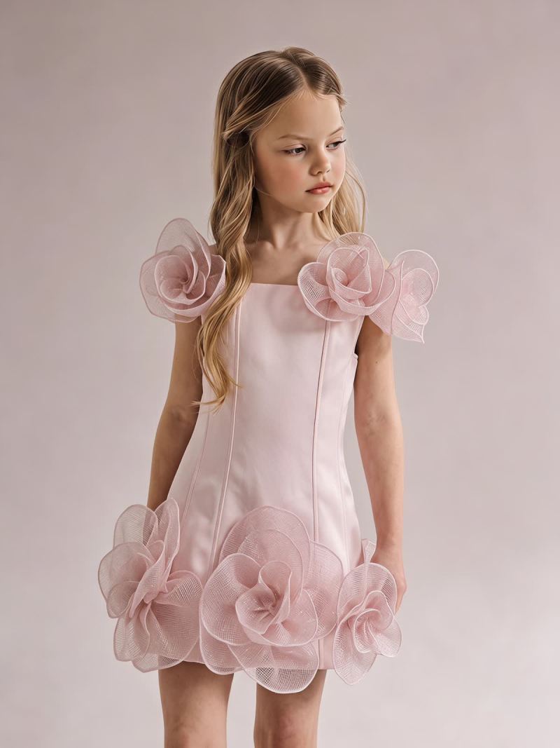 Chemical Fiber Blend Rosette Cap Sleeve Short Dresses - Pink - 9-10Y - image 1