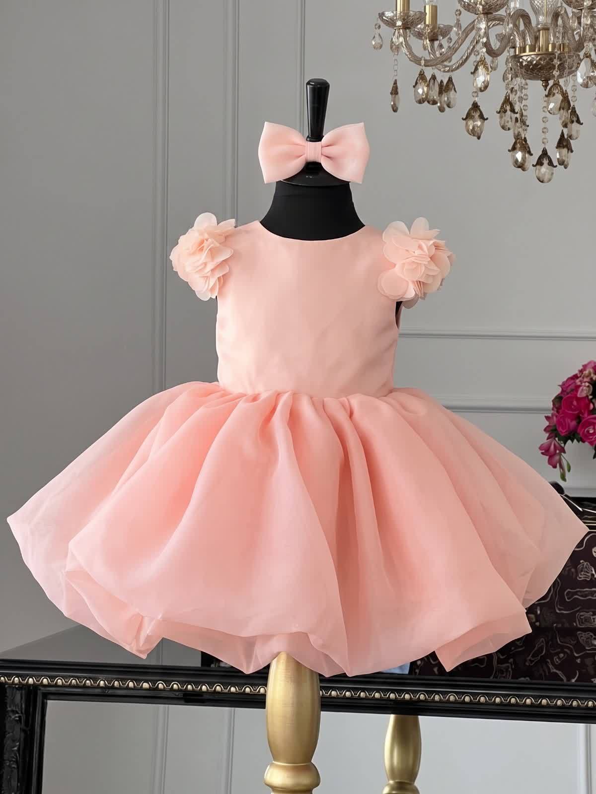 Organza Rosette Short Sleeve Midi Dresses - Pink - 11-13Y - image 6