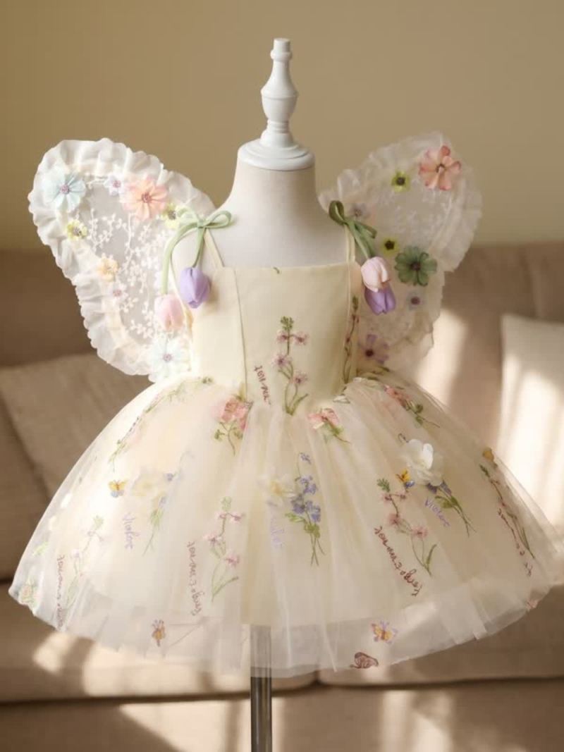 Mesh Rosette Sleeveless Midi Dresses With Hat And Wing - Light Yellow - 9-10Y - image 1