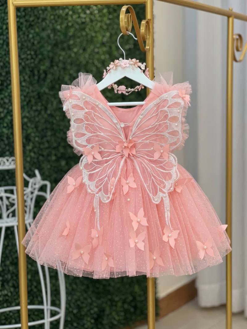 Mesh Pearl Butterfly Short Sleeve Short Dresses - Pink - 3Y - image 1