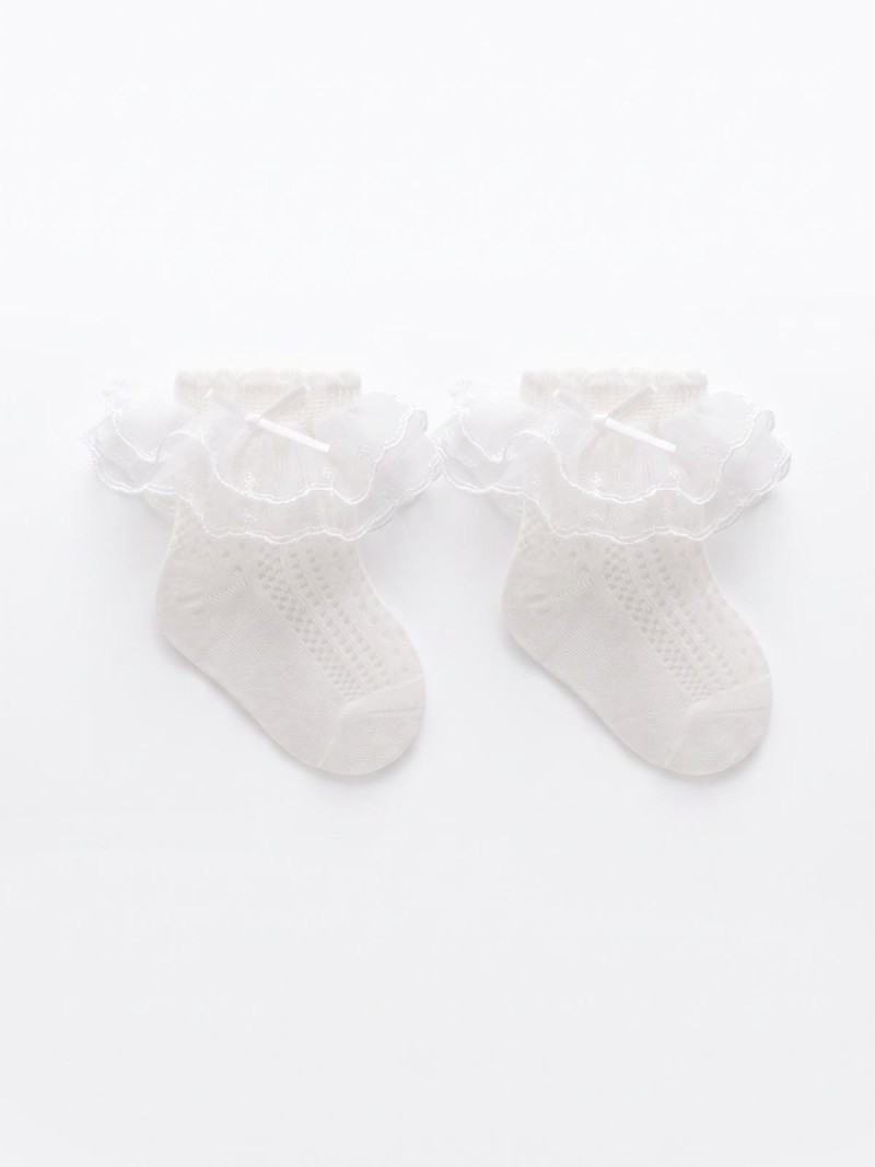 100% Cotton Solid Stitching Lace Socks - White - 5-8Y - image 1