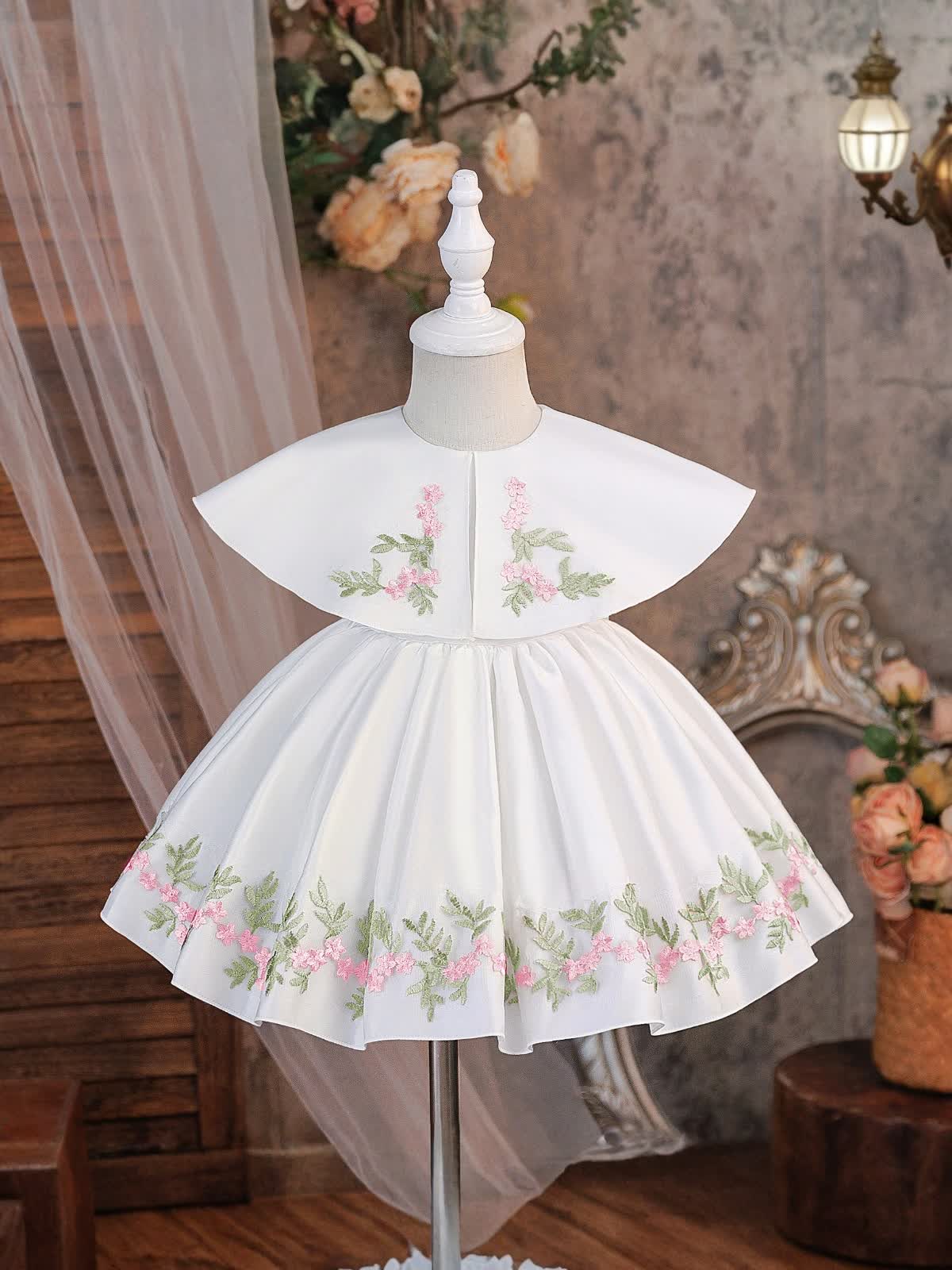 Satin Applique Sleeveless Midi Dresses - White - 2-3Y - image 1