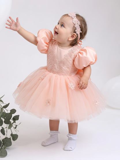 Satin Rosette Short Sleeve Midi Dresses - Light Pink - 2-3Y - image 1
