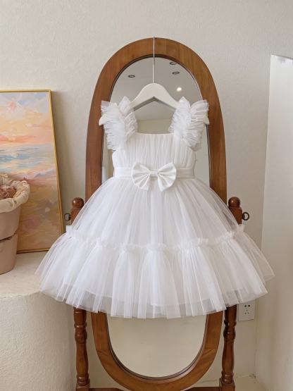 Mesh Bow Sleeveless Short Dresses - Avocado Green - 2-3Y - image 1