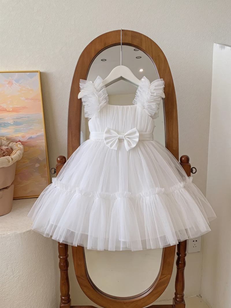 Mesh Bow Sleeveless Short Dresses - White - 2-3Y - image 1