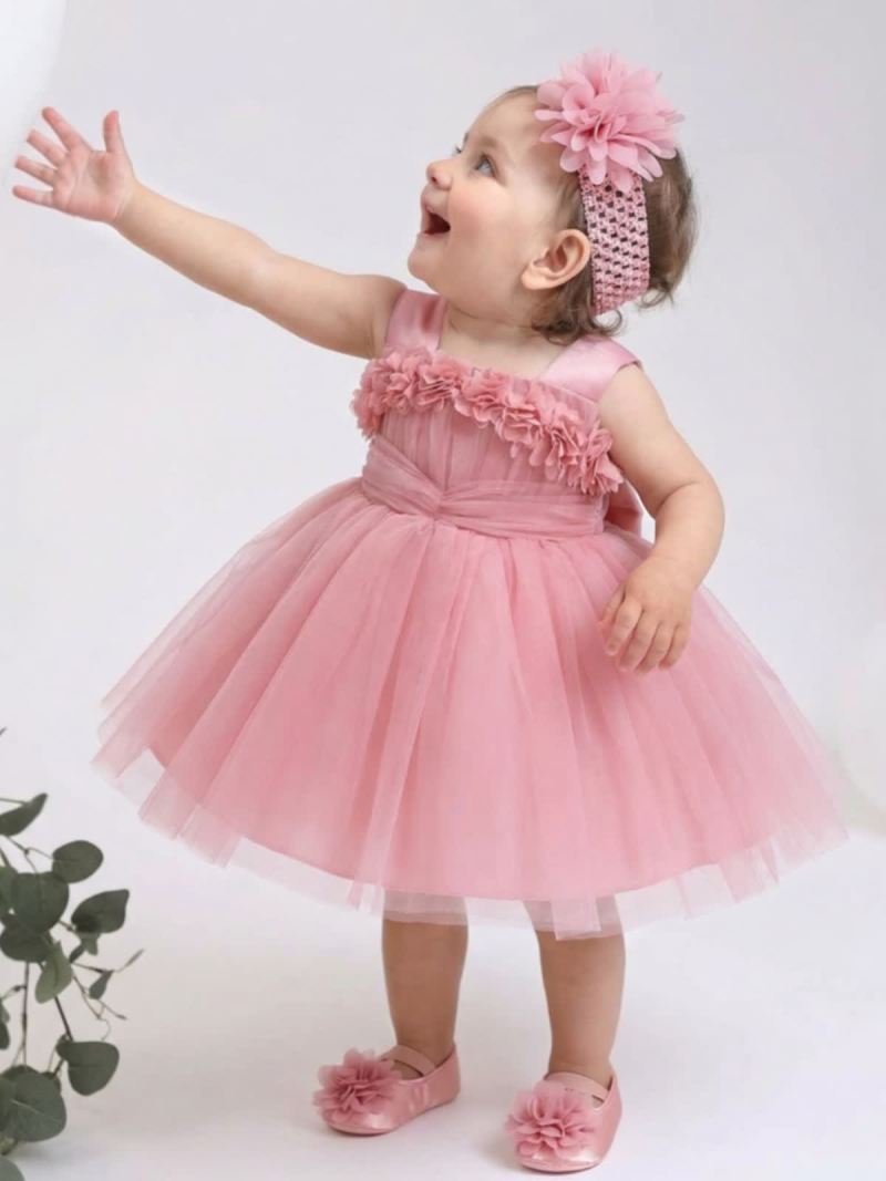 Elegant Mesh Rosette Birthday Dress Matching Set – 3PCS Baby Girl Outfit with Headband & Shoes - Dark Pink - 12-18M - image 1
