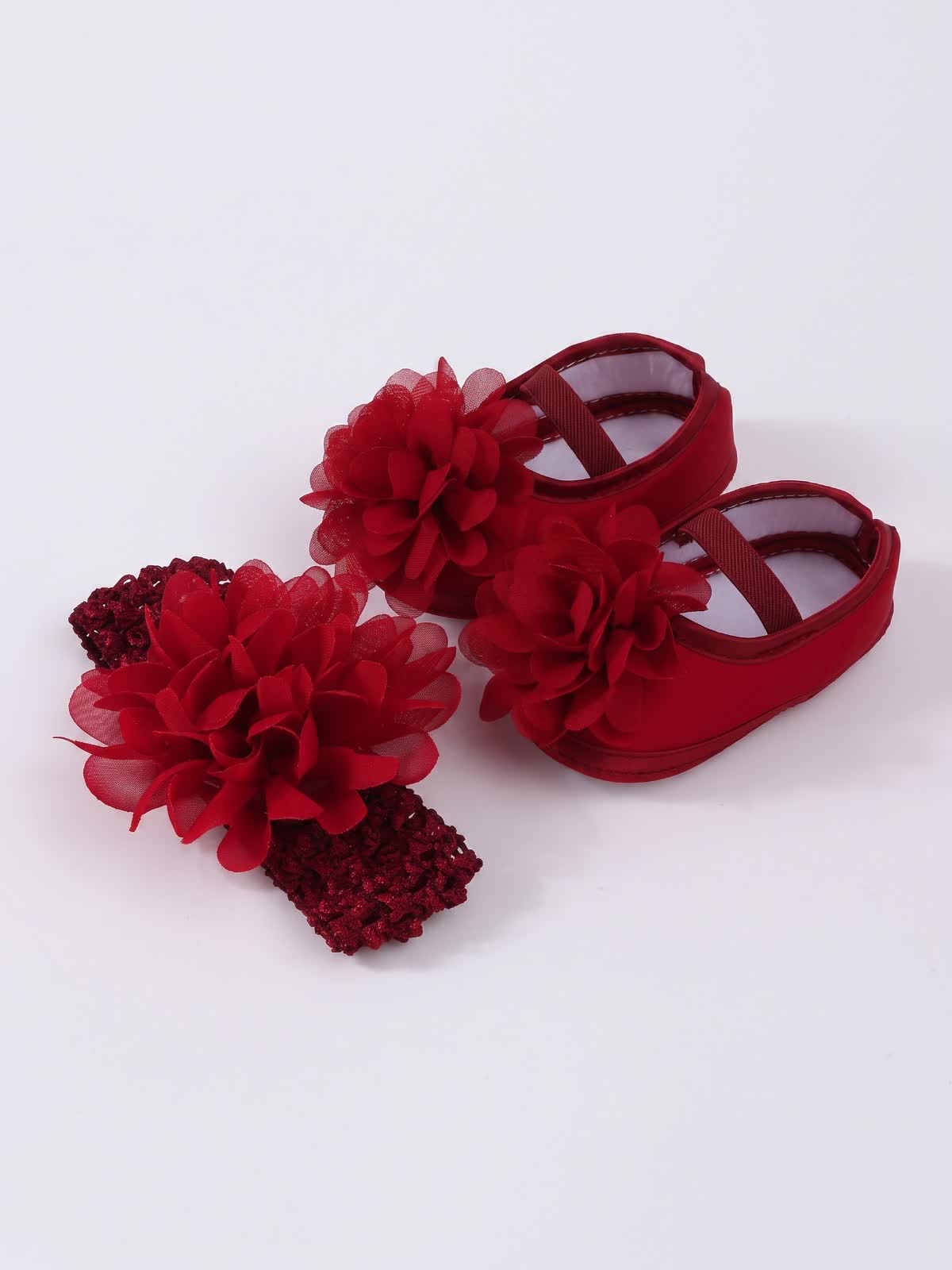 Elegant Mesh Rosette Birthday Dress Matching Set – 3PCS Baby Girl Outfit with Headband & Shoes - Burgundy With Large Florals + Headband - 12-18M - image 34