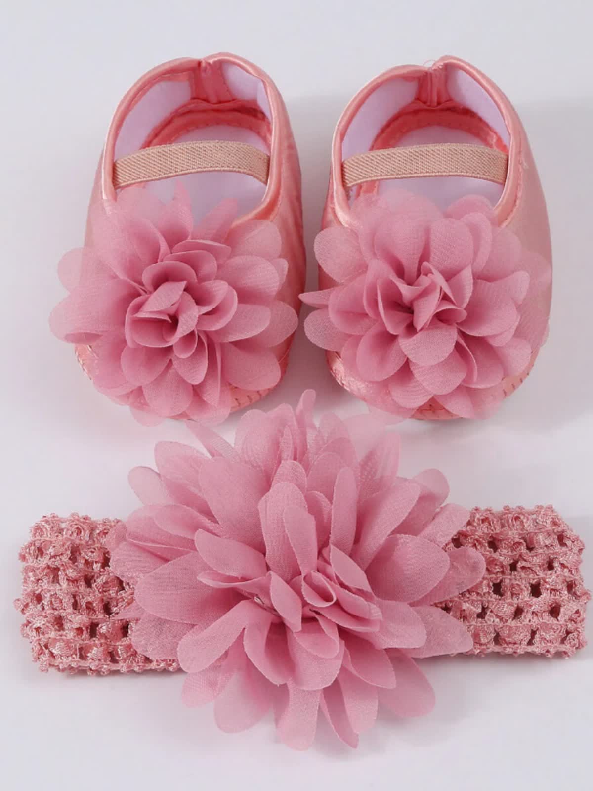Elegant Mesh Rosette Birthday Dress Matching Set – 3PCS Baby Girl Outfit with Headband & Shoes - Pink Flower + Hair Band - 12-18M - image 4