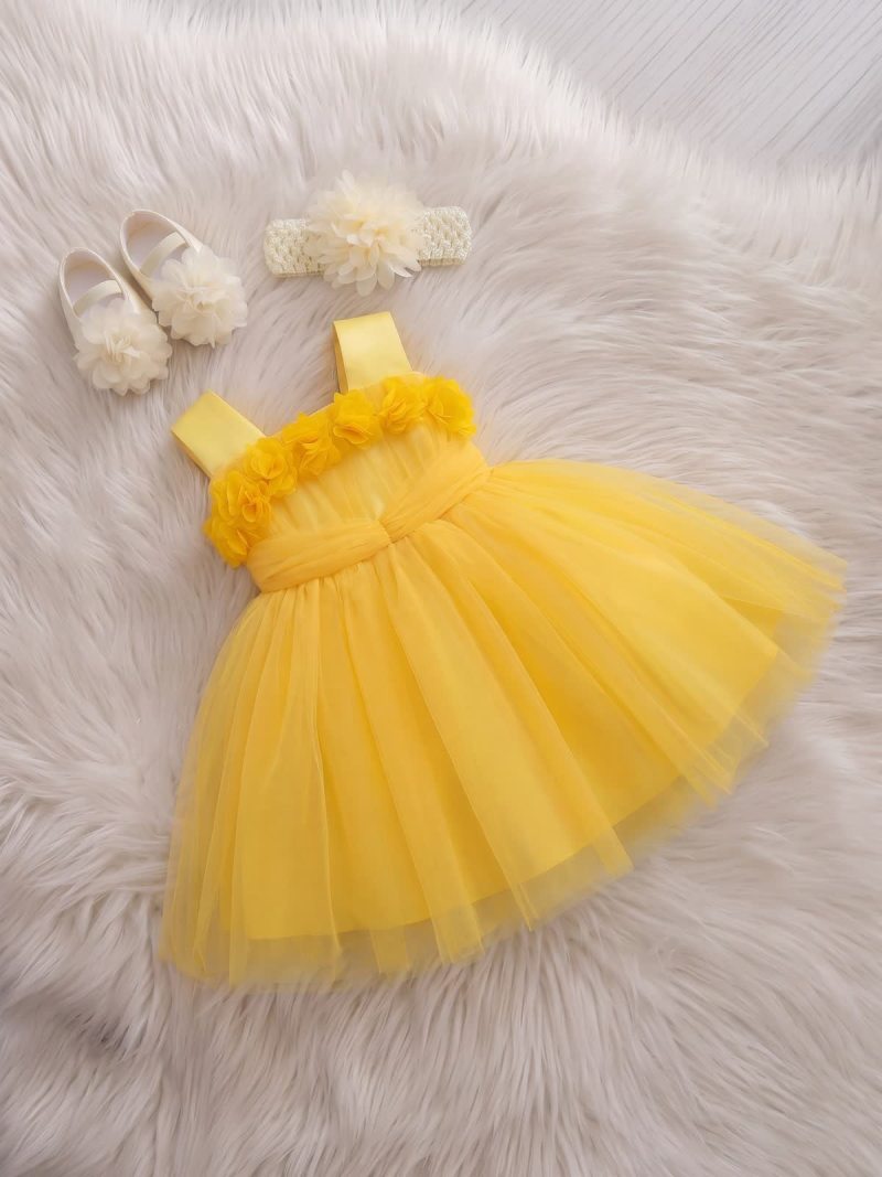 Elegant Mesh Rosette Birthday Dress Matching Set – 3PCS Baby Girl Outfit with Headband & Shoes - Yellow - 12-18M - image 12