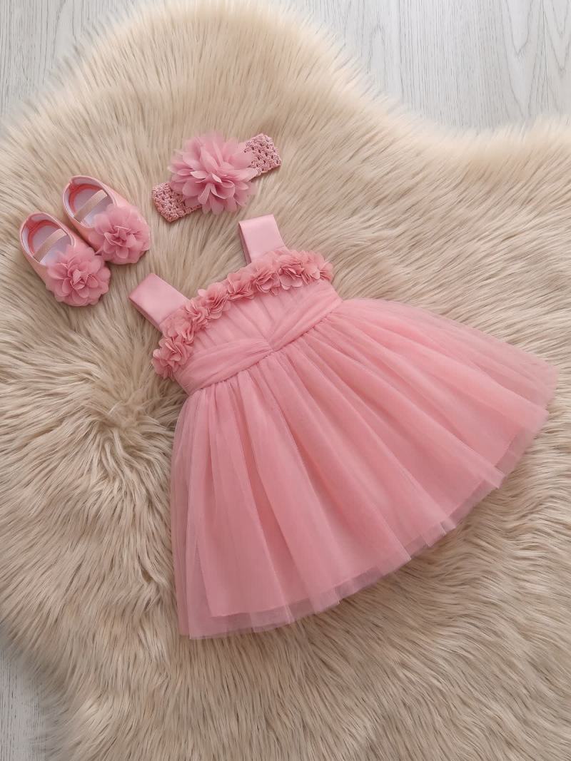Elegant Mesh Rosette Birthday Dress Matching Set – 3PCS Baby Girl Outfit with Headband & Shoes - image 2