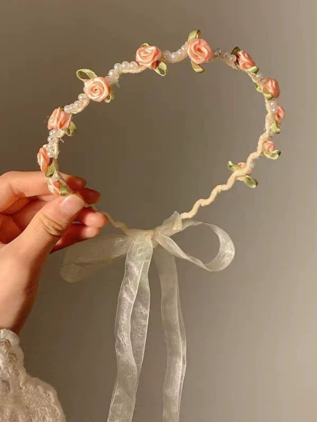 Easter Solid Rosette Hairband - Pink Rose Pearl Headband - image 7