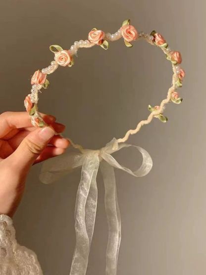 Easter Solid Rosette Hairband - Pink Rose Pearl Headband - image 7