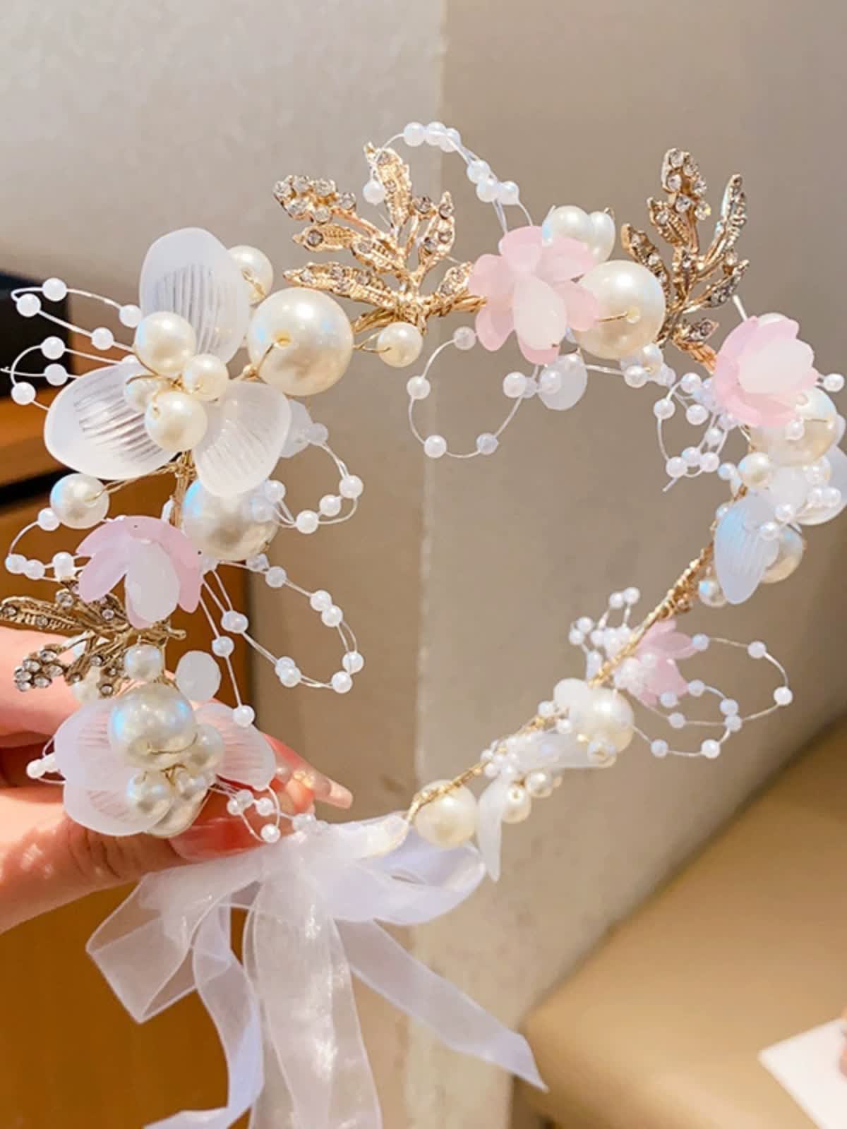 Easter Solid Rosette Hairband - Pink White Flower Garland - image 2