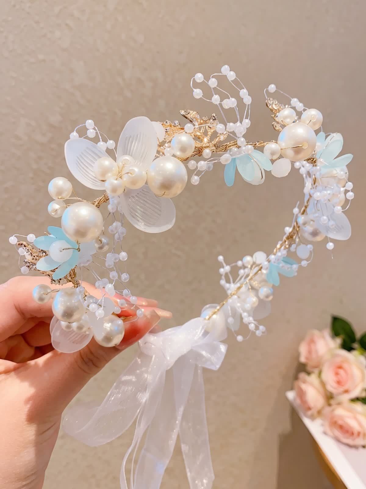 Easter Solid Rosette Hairband - Blue White Flower Garland - image 3