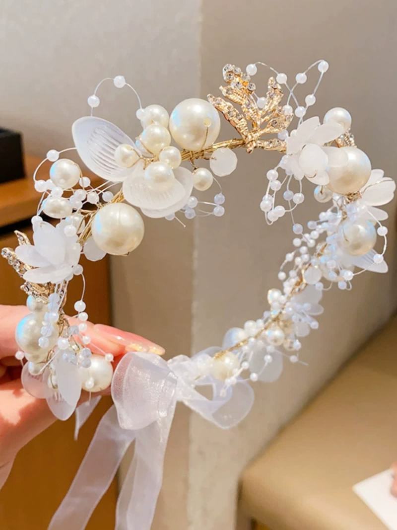 Easter Solid Rosette Hairband - White Butterfly Pearl Garland - image 1
