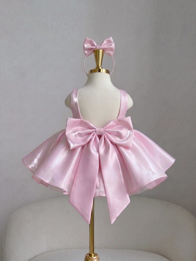 Liquid Satin Backless Bow Sleeveless Short Dresses - Pink - 4Y - image 1