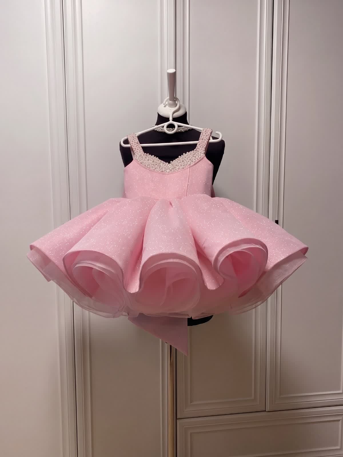 Sparkle Tulle Pearl Bow Sleeveless Short Dresses - Pink - 10Y - image 1