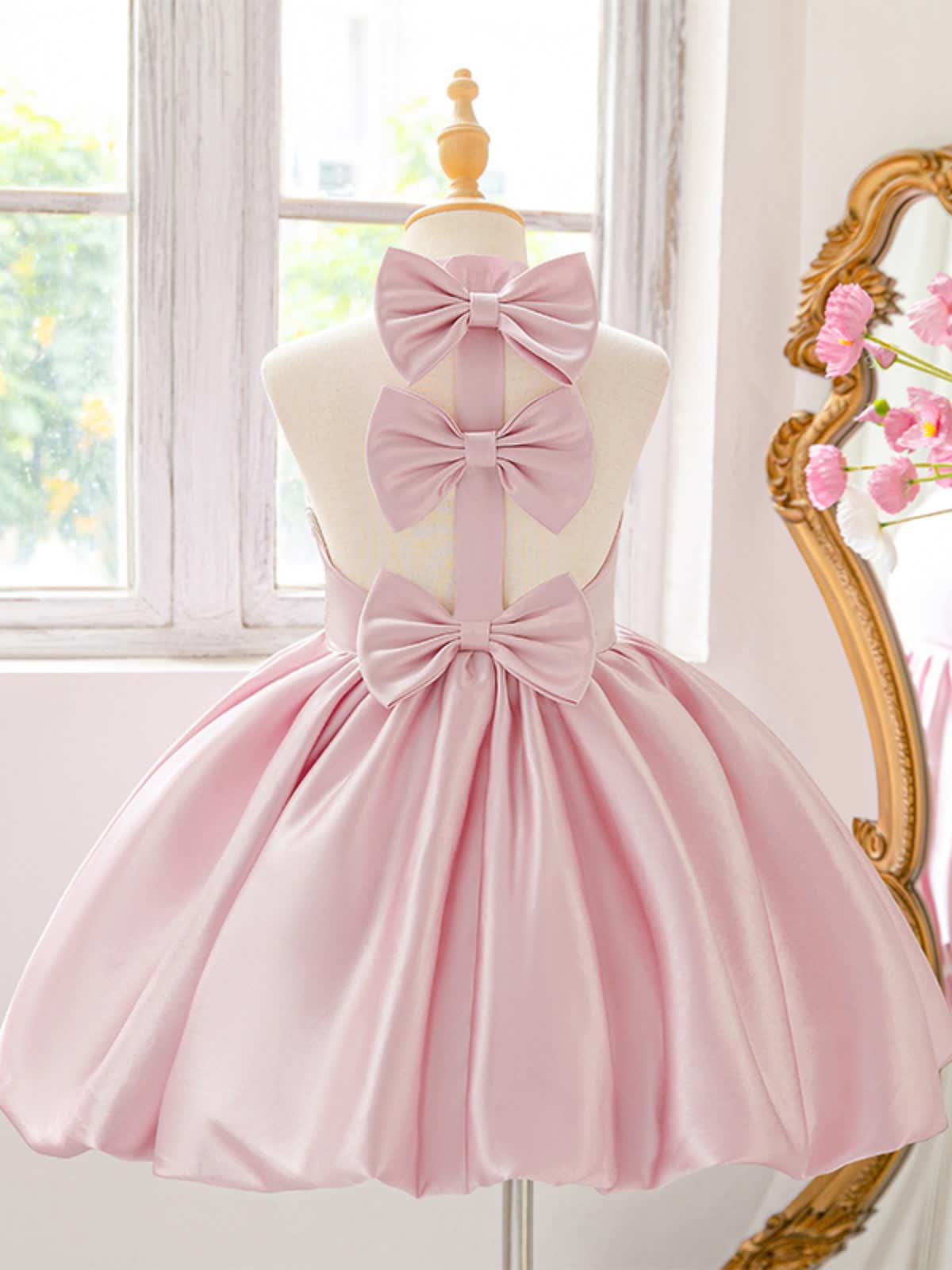 Satin Bow Backless Sleeveless Short Dresses - Pink - 8Y - image 1
