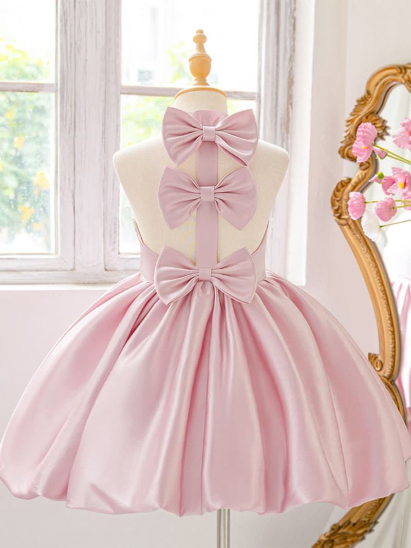 Satin Bow Backless Sleeveless Short Dresses - Pink - 8Y - image 1