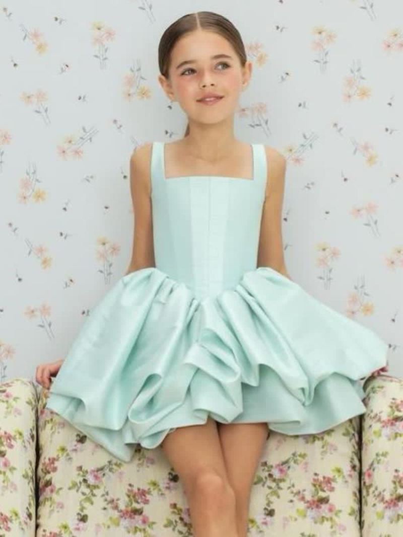 Satin Ruched Sleeveless Short Dresses - Mint - 9-10Y - image 1