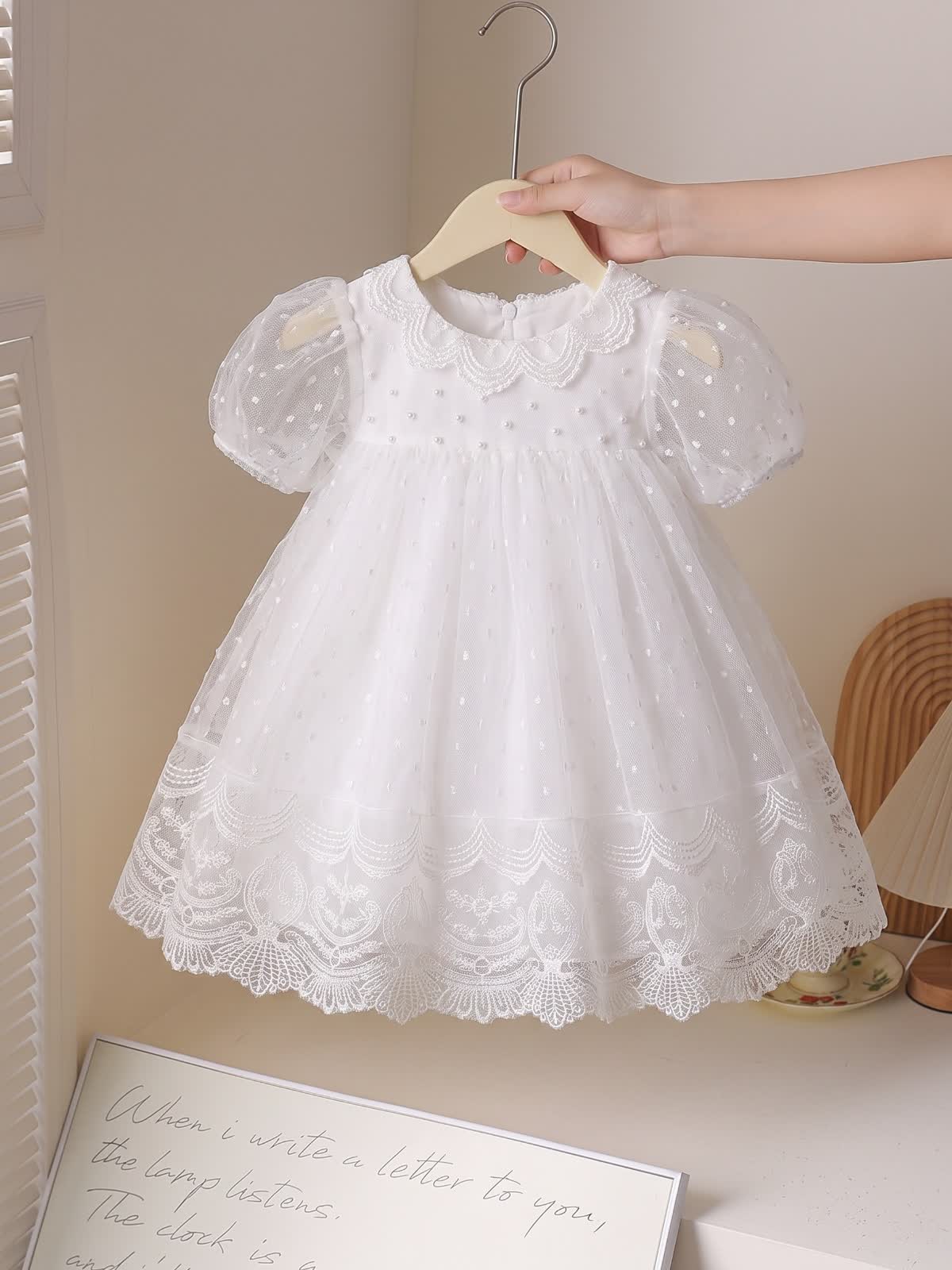 Mesh Lace Edge Short Sleeve Midi Dresses - White - 2-3Y - image 1