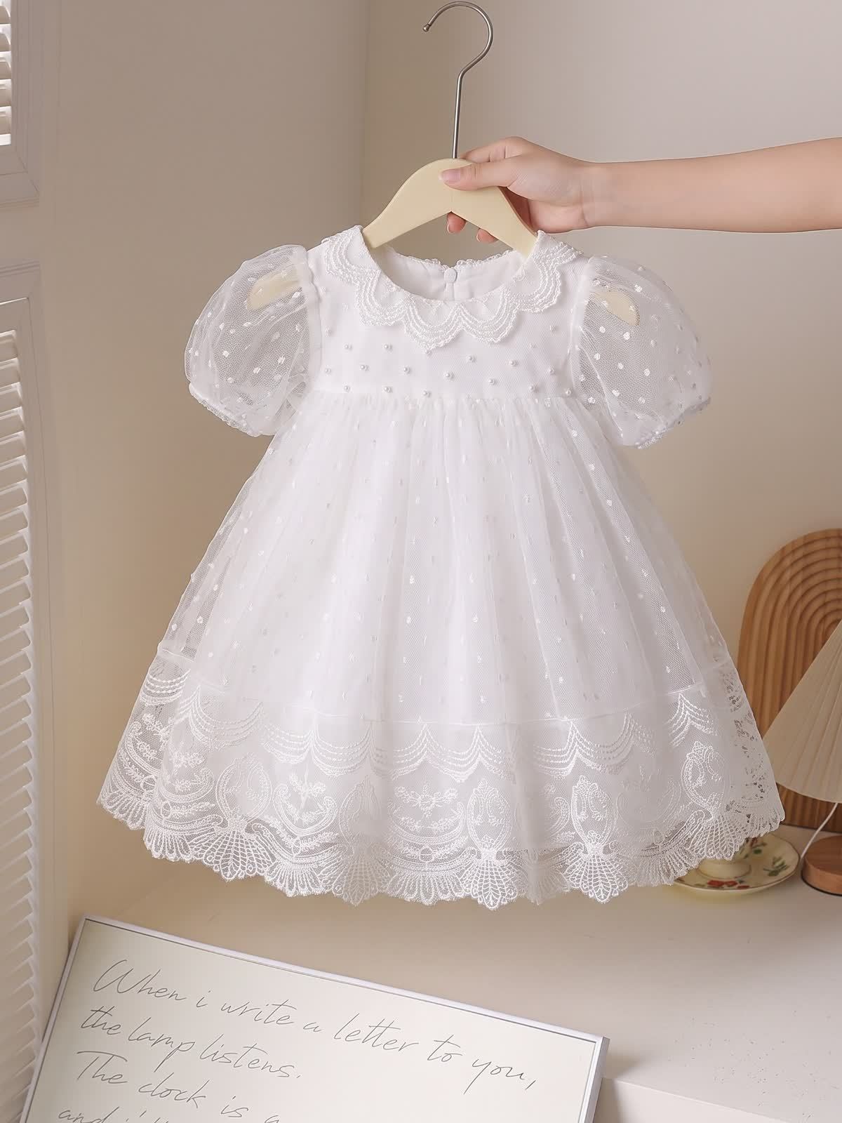 Mesh Lace Edge Short Sleeve Midi Dresses - White - 2-3Y - image 1