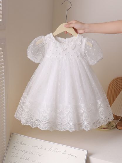 Mesh Lace Edge Short Sleeve Midi Dresses - White - 2-3Y - image 1
