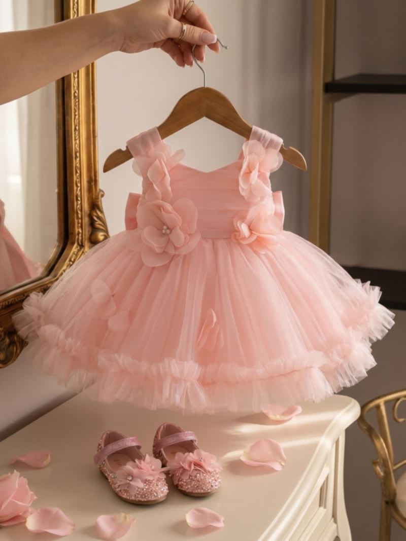 Mesh Rosette Sleeveless Midi Dresses - Shrimp Powder - 2-3Y - image 1