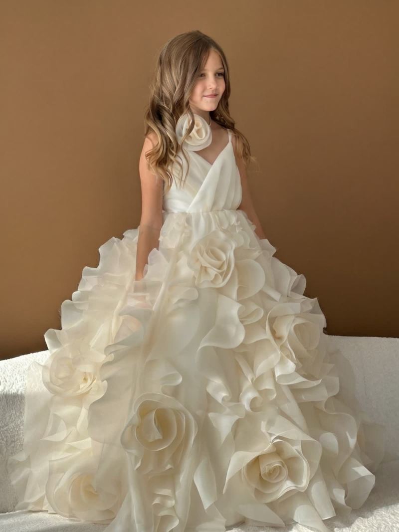 Organza Rosette Sleeveless Maxi Dresses - Ivory White - 9-10Y - image 1