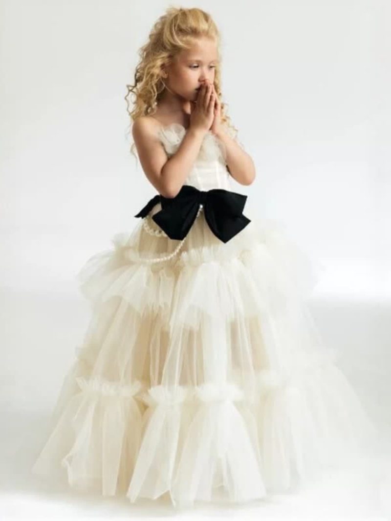 Mesh Bow Imitation Pearls  Ruched Gathered Sleeveless Maxi Dresses - Off-white - 7-8Y - image 1