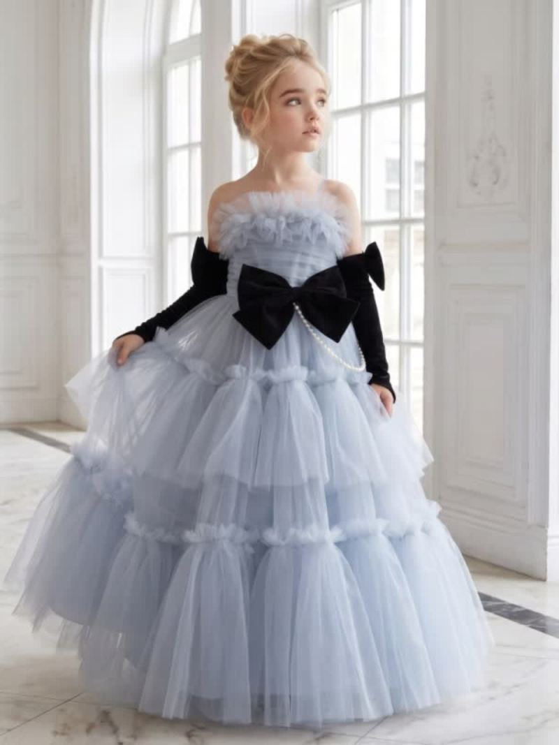 Mesh Bow Imitation Pearls  Ruched Gathered Sleeveless Maxi Dresses With Gloves - Light Blue - 3-4Y - image 10