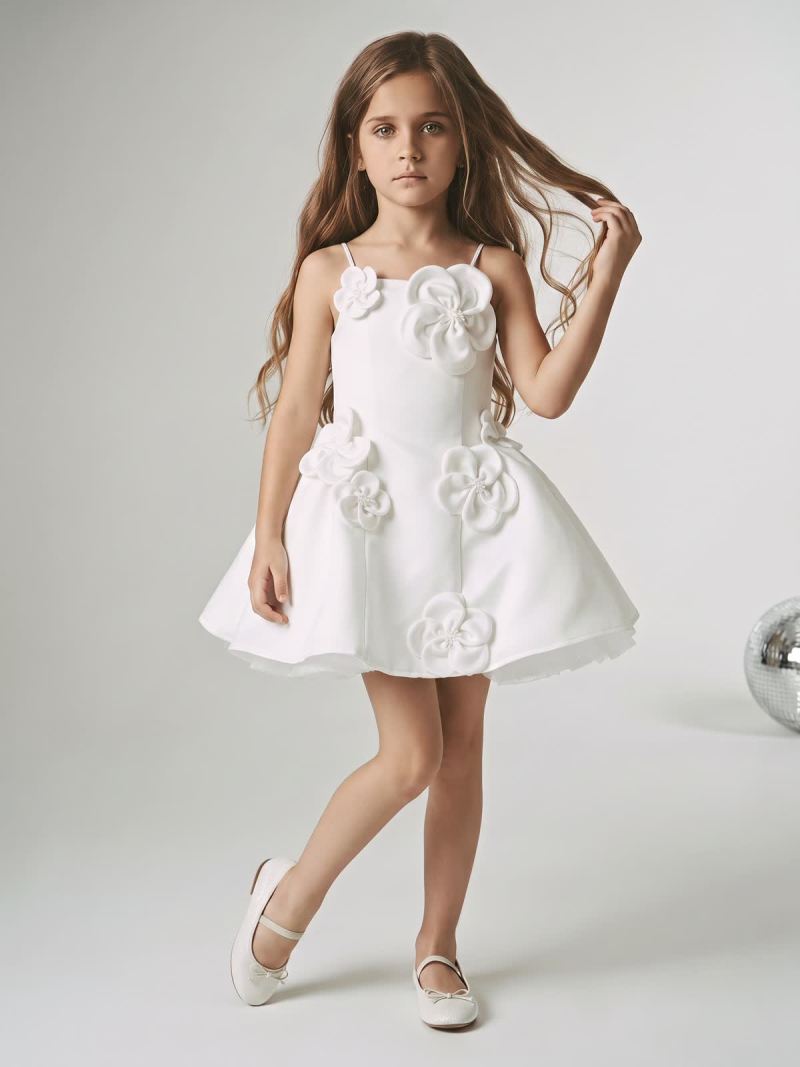 Satin Rosette Sleeveless Short Dresses - White - 8Y - image 1