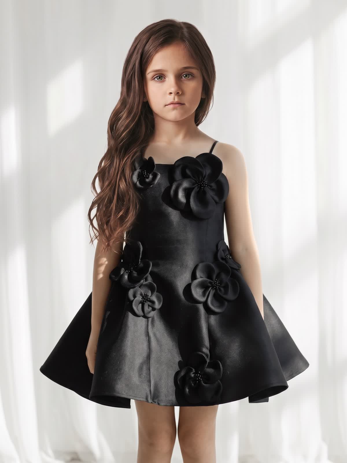 Satin Rosette Sleeveless Short Dresses - Black - 8Y - image 13