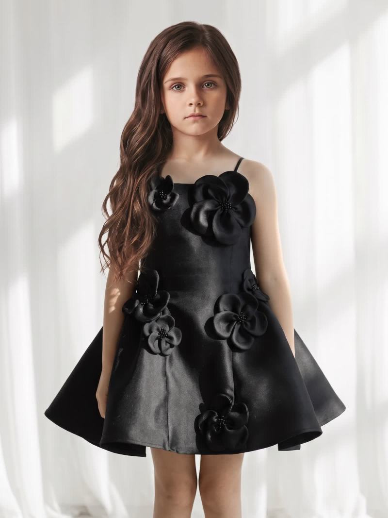 Satin Rosette Sleeveless Short Dresses - Black - 8Y - image 13