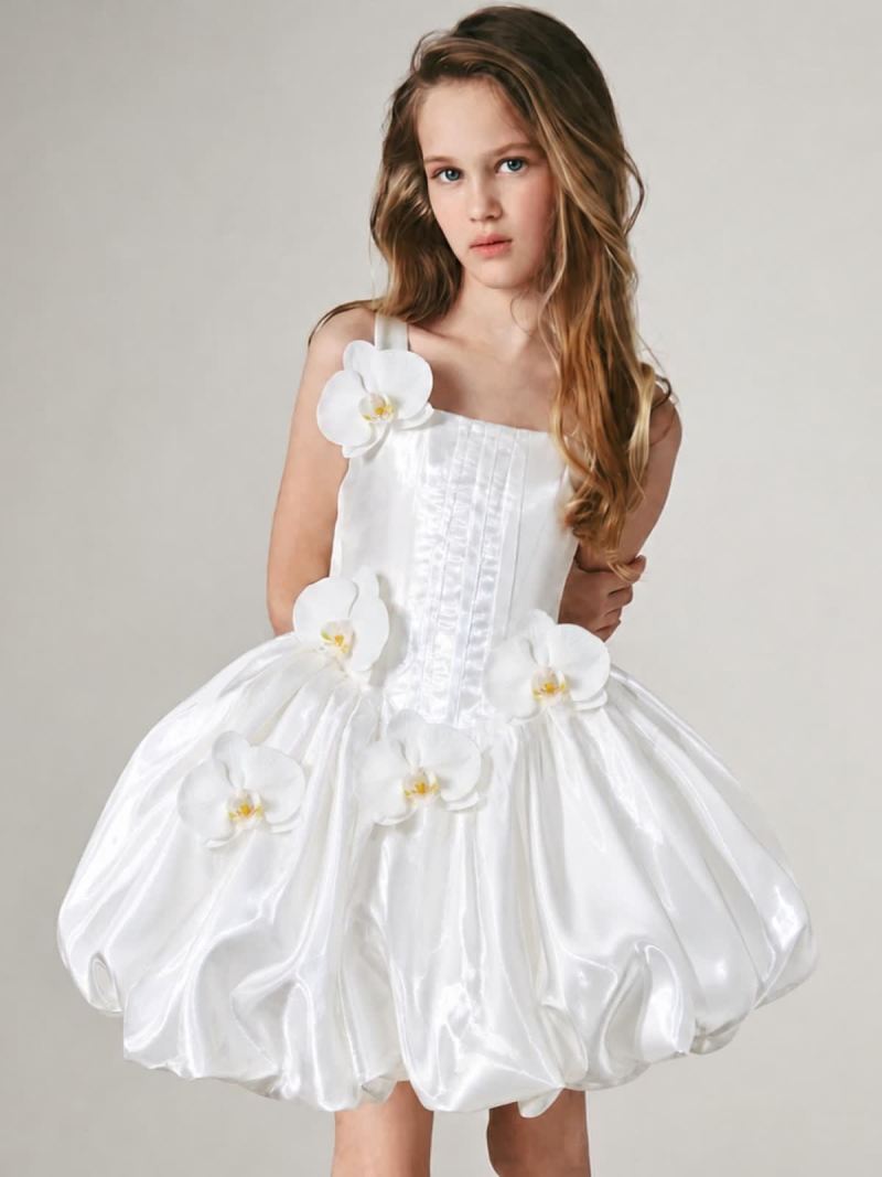 Satin Rosette Sleeveless Short Dresses - White - 9-10Y - image 1
