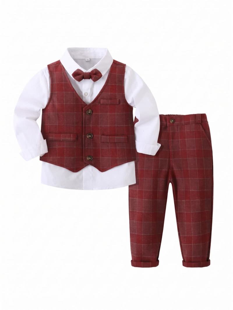 Cotton Bow Long Sleeve Regular 3-piece Formal Suit - Red Set - 120cm - image 33