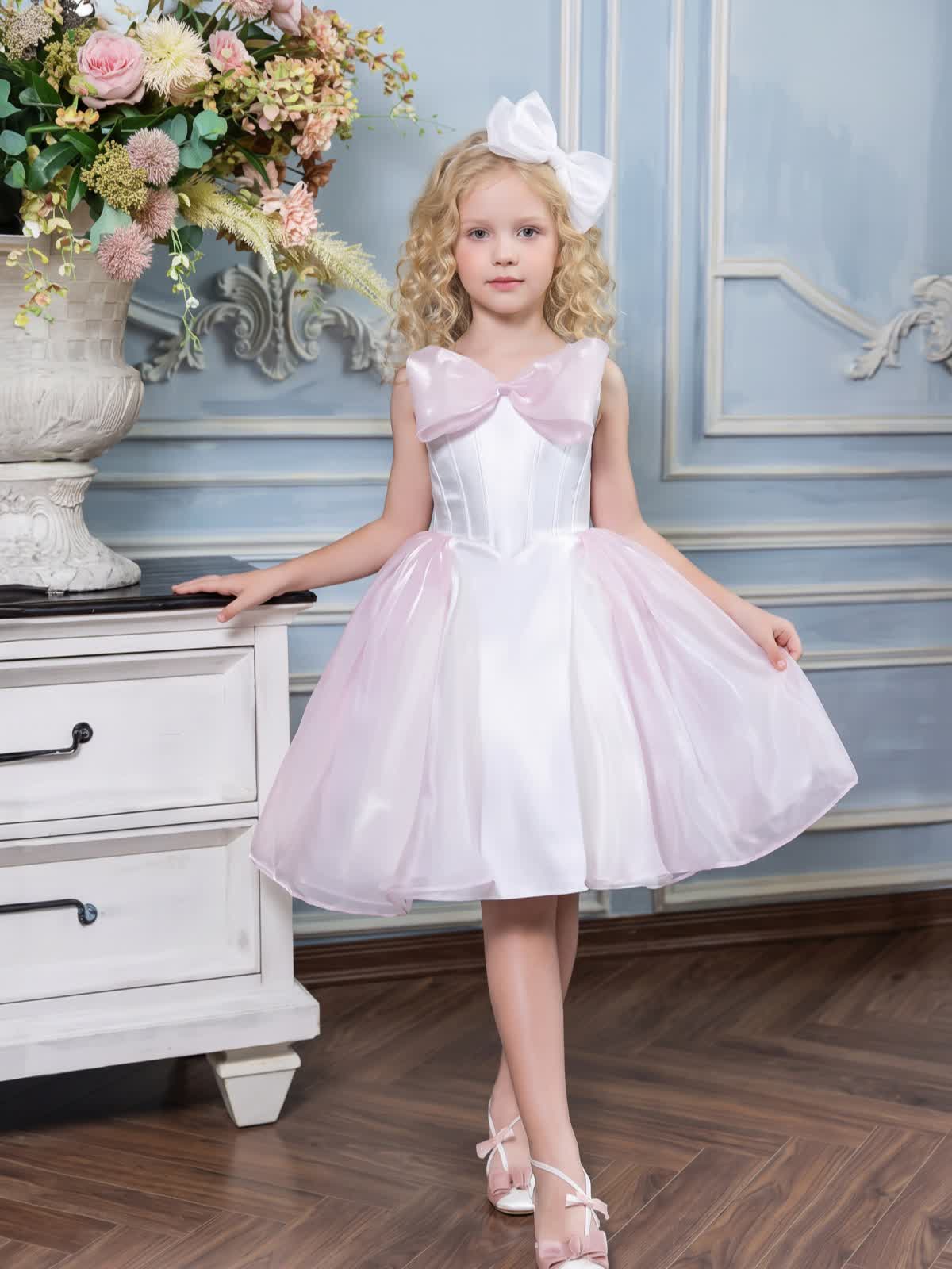 Chemical Fiber Blend Bow Sleeveless Short Dresses - Pink - 160cm - image 1