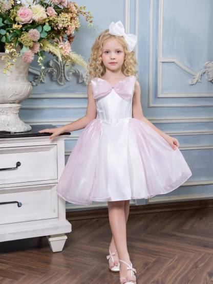 Chemical Fiber Blend Bow Sleeveless Short Dresses - Pink - 160cm - image 1