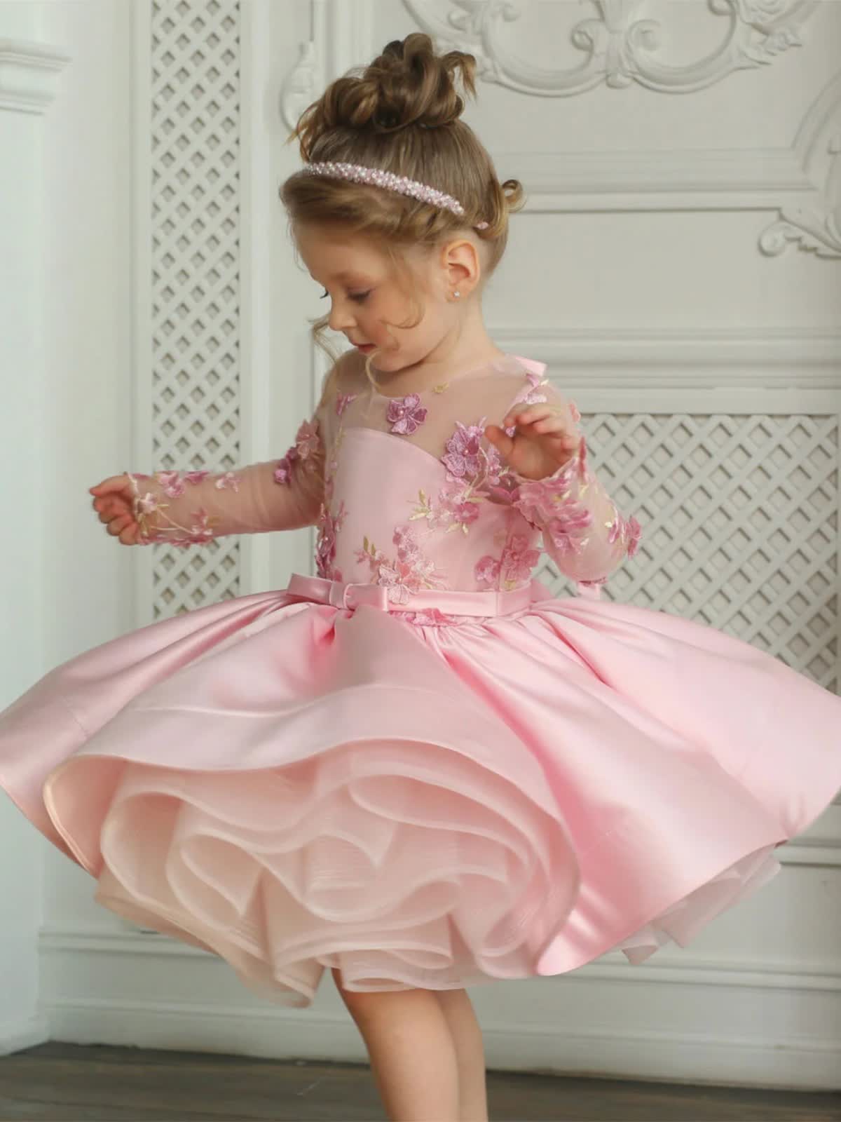 Chemical Fiber Blend Rosette Long Sleeve Short Dresses - image 2