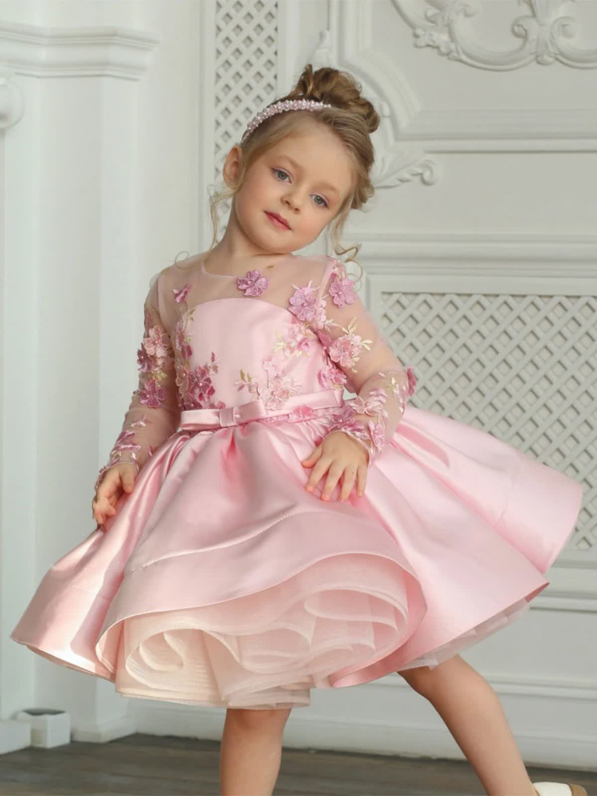 Chemical Fiber Blend Rosette Long Sleeve Short Dresses - Pink - 160cm - image 1