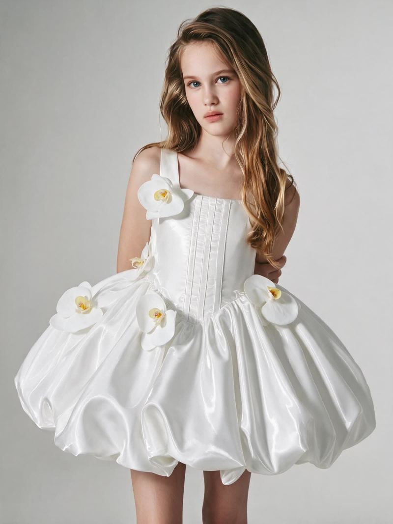 Satin Rosette Sleeveless Short Dresses - White - 9-10Y - image 1