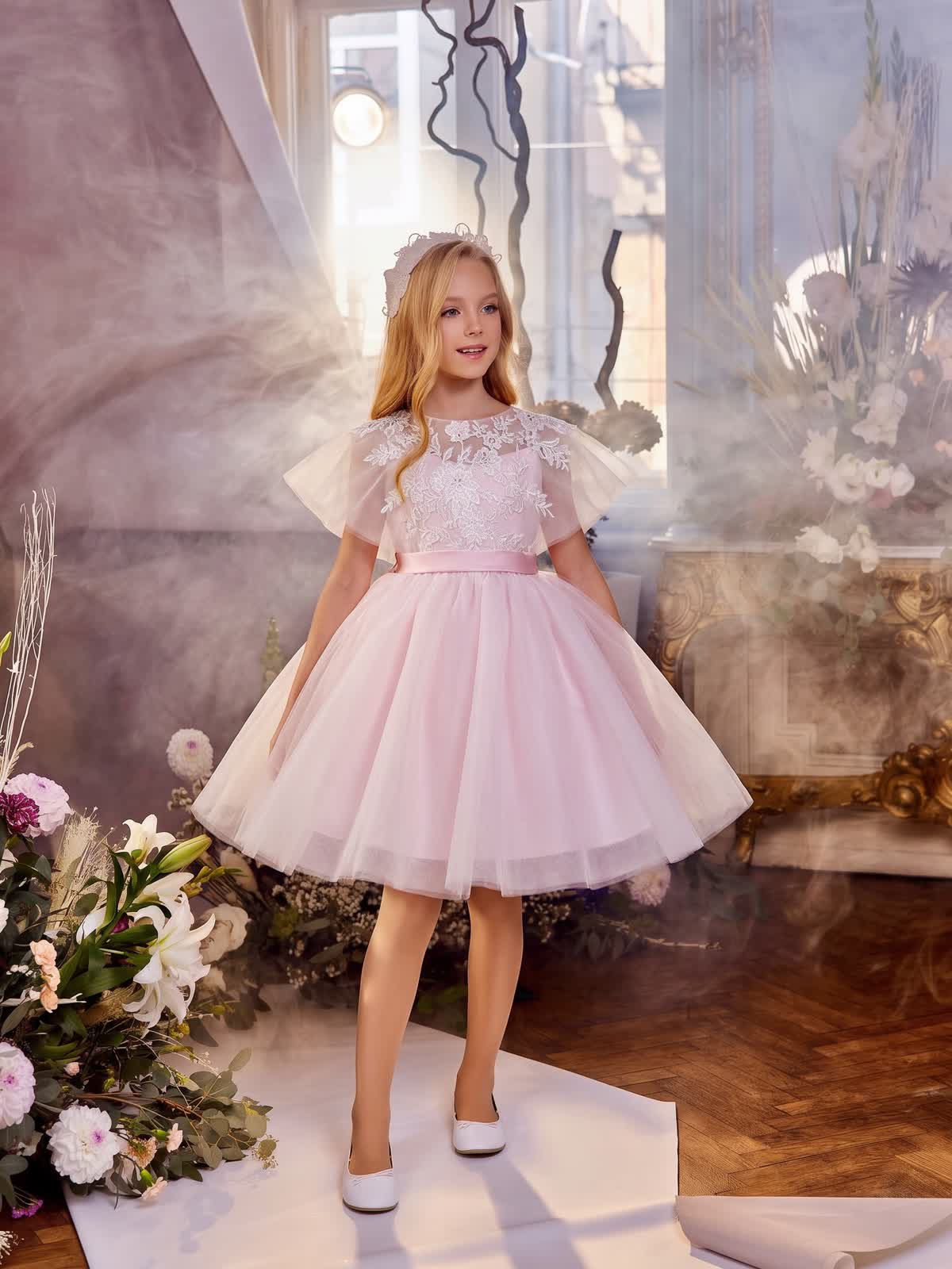 Mesh Applique Sleeveless Short Dresses - Light pink - 14-15Y - image 1
