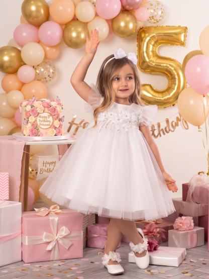 Chemical Fiber Blend Rosette Short Sleeve Short Dresses - White - 160cm - image 1